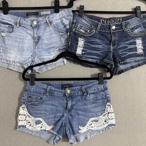 Y2K Blue Jean Shorts Low Rise Distressed Grunge Bling Rue 21 Aeropostale Lot X 3
